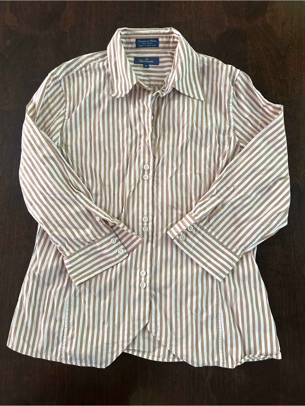 Faconnable Women’s Striped Button Down 3/4 Sleeve Shirt Tan & White M Flawless
